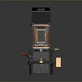 Manual Press Machine With Black Metal Frame Yellow Components Wooden Block And Dark Background