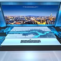 Modern Digital Display System With Cityscape Screen Blue Lighting And Map Model