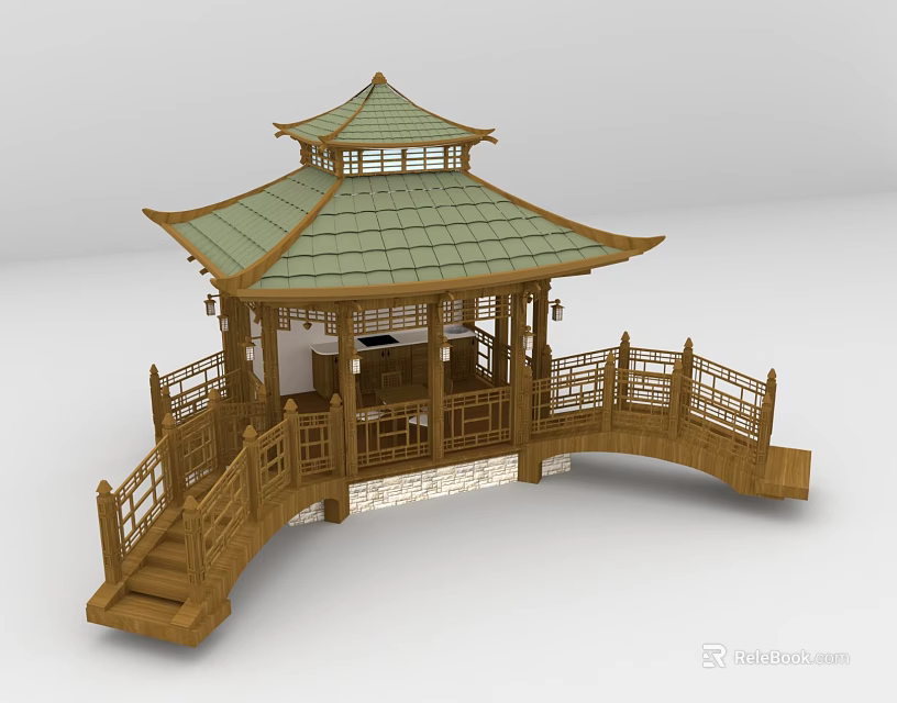 Traditional Chinese Wooden Pavilion With Green Tiled Roof Wooden Railings And Small Bridge 3d model 