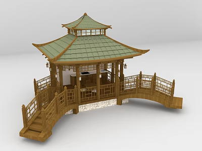 Traditional Chinese Wooden Pavilion With Green Tiled Roof Wooden Railings And Small Bridge 3d model
