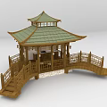 Traditional Chinese Wooden Pavilion With Green Tiled Roof Wooden Railings And Small Bridge