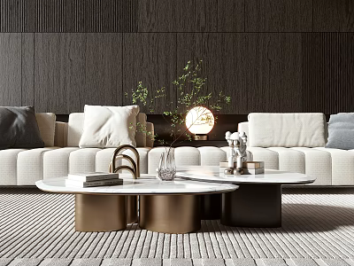 Modern Living Room Round Coffee Table With Metal Base Books Vase And Decorative Plants 3d model