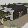 Modern Museum Building Architecture With Wooden Facade Glass Windows and Stone Wall