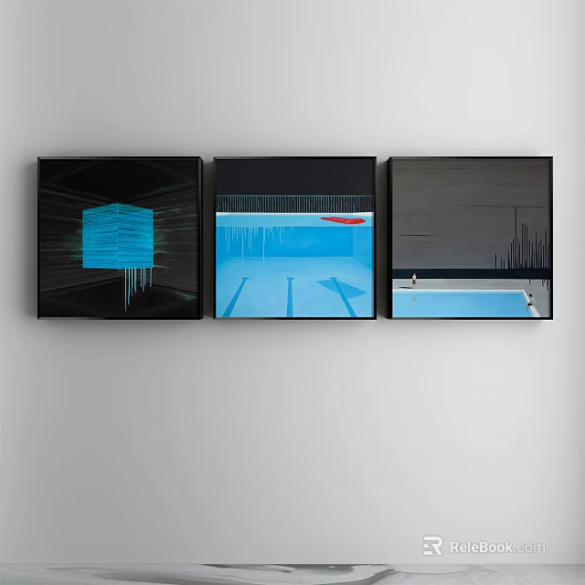 Three Panel Abstract Paintings With Blue Red Gray Tones And Geometric Lines 3d model