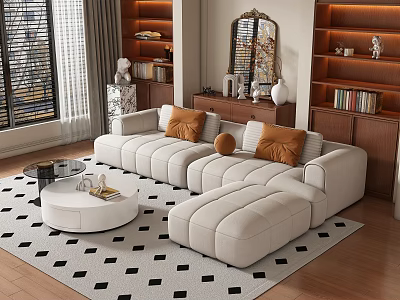 Modern Luxury Living Room Featuring Beige L shaped Sofa Black White Geometric Rug And Wooden Bookshelves 3d model