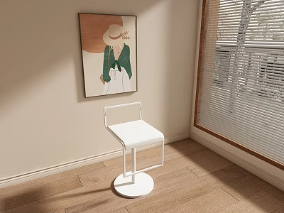 Showroom Interior Featuring Art Painting On Wall White Swivel Bar Stool Wooden Floor Bright Lighting 3d model