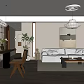 Warm Modern Living and Dining Room Interior With Beige Sofa Coffee Table And Pendant Lights