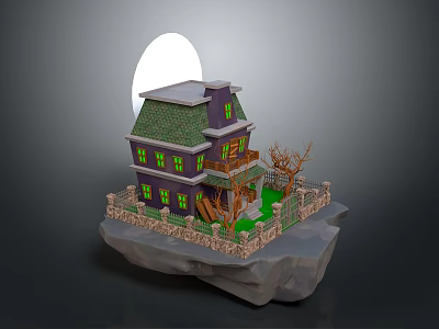 Ghost And Bats Around Purple Haunted House With Dead Trees And Full Moon 3d model