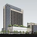 Modern High Rise Hotel Building With Glass Curtain Wall Green Roof And Low Rise Section