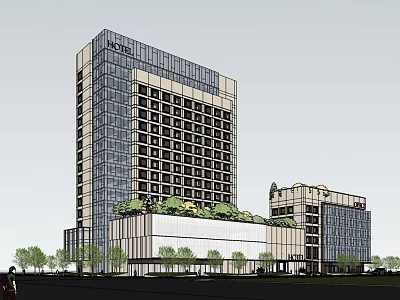 Modern High Rise Hotel Building With Glass Curtain Wall Green Roof And Low Rise Section 3d model
