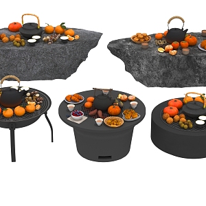 Tea cooking stove barbecue grill bonfire fireplace food fruit stone table 3d model