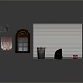 Home Furniture Assortment With Window Blinds Curtains Trash Can And Decorative Pieces