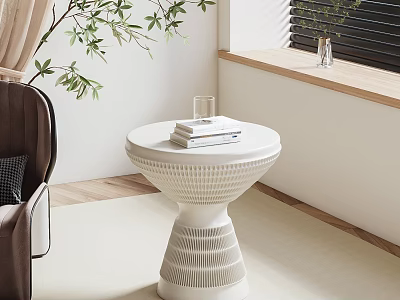 Minimalist Living Room Interior With White Hollow Design Side Table And Books Glass Plant 3d model