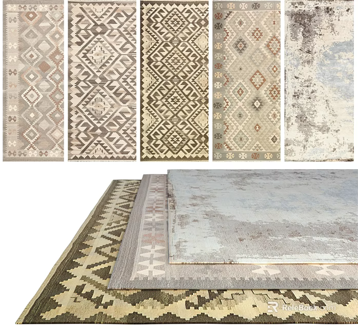 Square Carpets Featuring Geometric Patterns Various Designs And Neutral Tones In Stacked 3d model