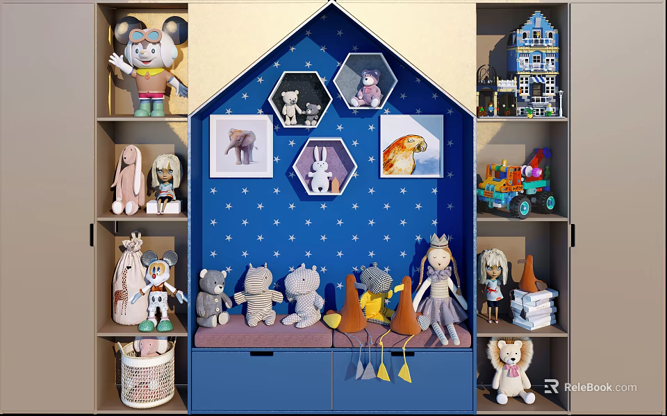 Stuffed Dolls Display With Blue Starry Background And Hexagon Display Frames On Shelves 3d model 