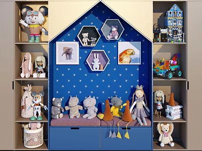Stuffed Dolls Display With Blue Starry Background And Hexagon Display Frames On Shelves 3d model