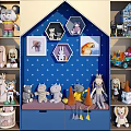 Stuffed Dolls Display With Blue Starry Background And Hexagon Display Frames On Shelves