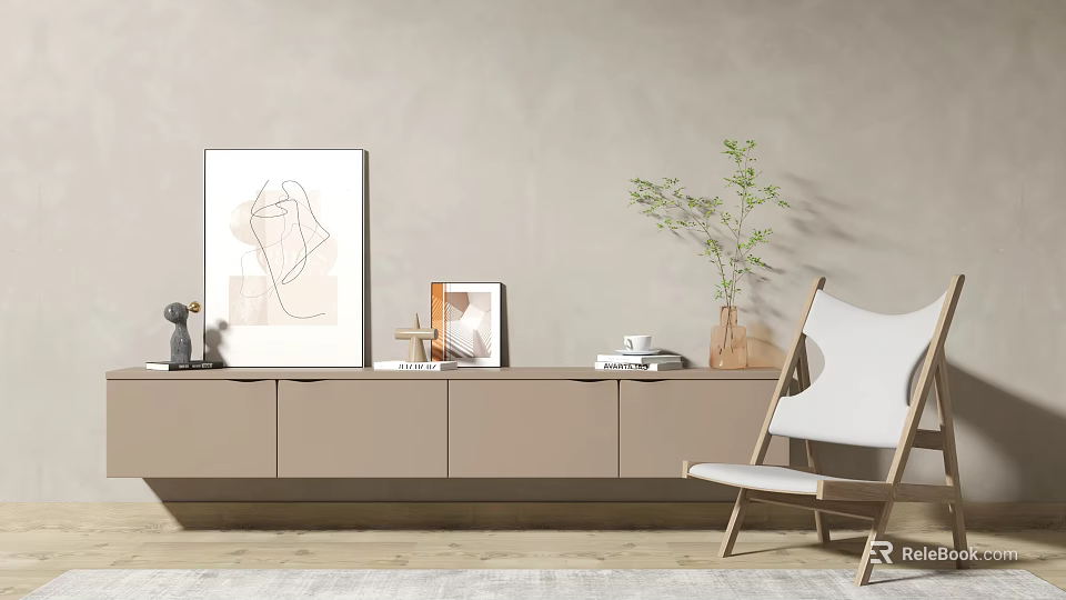 Minimalist TV Stand With Decorative Painting Photo Frame Books Plant Vase And Chair 3d model 