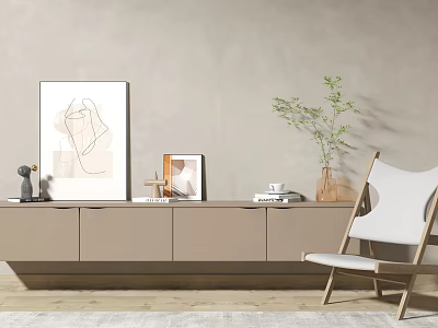 Minimalist TV Stand With Decorative Painting Photo Frame Books Plant Vase And Chair 3d model