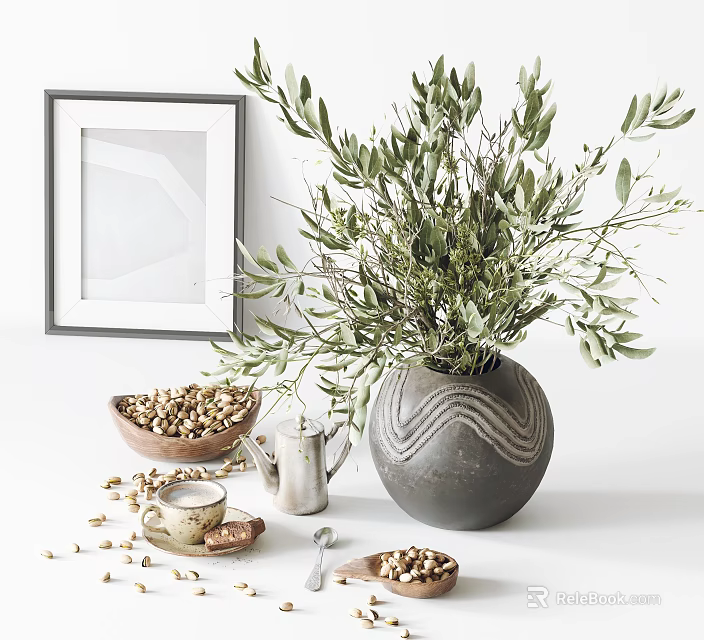 Decorative Ornaments With Olive Branches In Gray Vase Silver Teapot Wooden Bowl And Picture Frame 3d model 