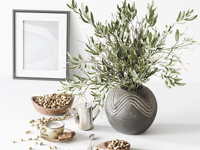 Decorative Ornaments With Olive Branches In Gray Vase Silver Teapot Wooden Bowl And Picture Frame 3d model
