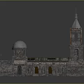 European Style Architecture With Dome Tower Broken Roof Stone Walls And Wooden Staircase