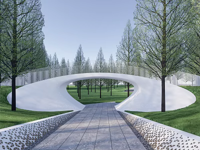 White Curved Landscape Bridge in Park with Grassy Area Trees and Perforated Pathway 3d model