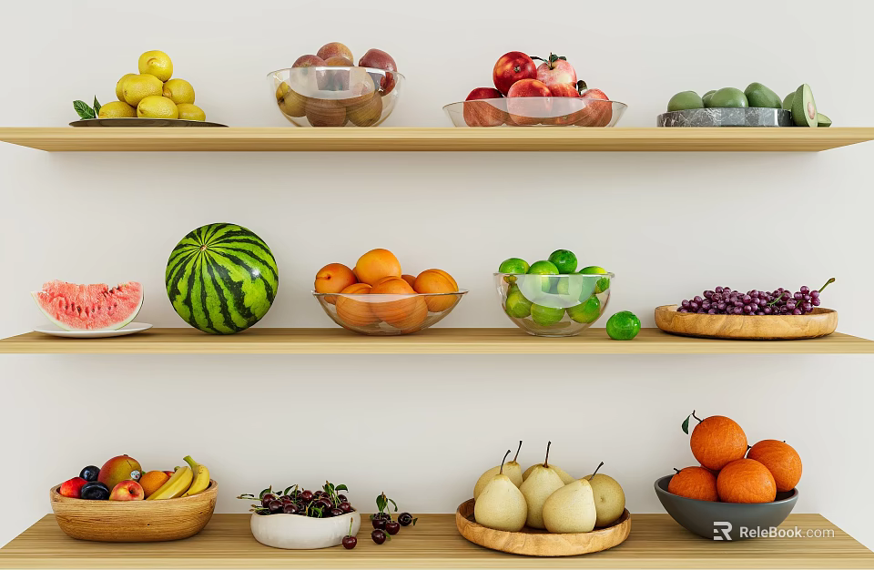 Assorted Fresh Fruits Including Watermelon Oranges Pears and Lemons in Bowls on Wooden Shelves 3d model 