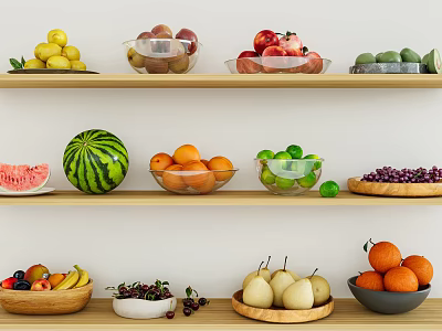 Assorted Fresh Fruits Including Watermelon Oranges Pears and Lemons in Bowls on Wooden Shelves 3d model