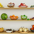 Assorted Fresh Fruits Including Watermelon Oranges Pears and Lemons in Bowls on Wooden Shelves