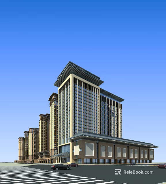 High Rise Residential Building Complex With Modern Design And Traditional Roof Elements 3d model 
