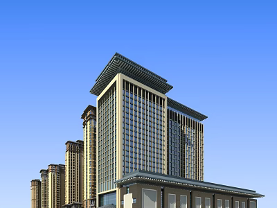 High Rise Residential Building Complex With Modern Design And Traditional Roof Elements 3d model