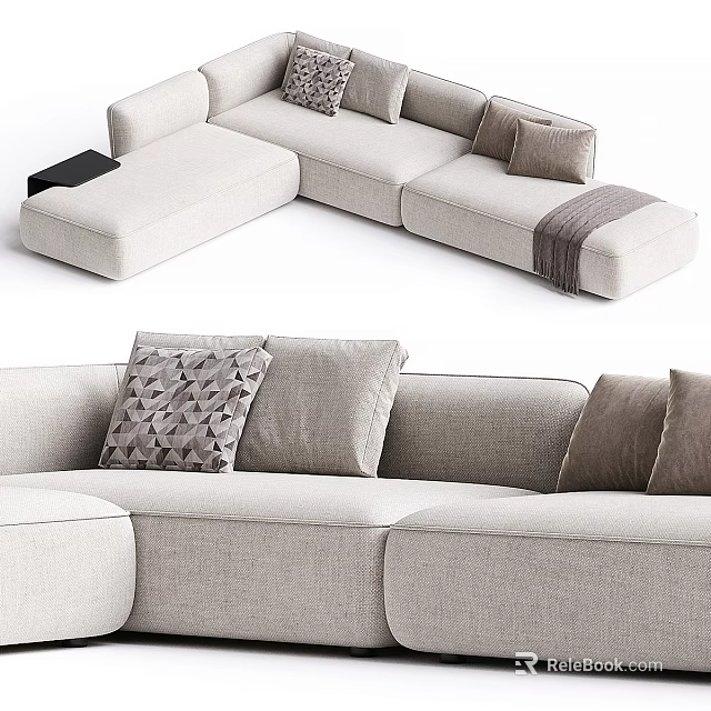 Light Gray Fabric Sectional Sofa With Patterned Pillows And Throw Blanket 3d model 