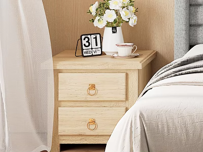Wooden Nightstand with Two Drawers Gold Handles White Vase Flowers Calendar and Cup 3d model