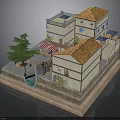 Miniature Village Scene With Orange Tiled Roofs Pool Pine Tree And Courtyard