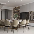 Modern Restaurant Interior With Dining Table Chairs Wine Cabinets And Staircase Lighting 3d model