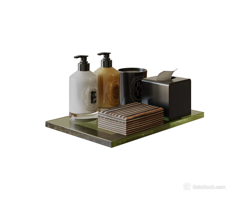 Daily Wash Essentials With Pump Bottles Black Cup Tissue Box And Striped Stack On Tray 3d model