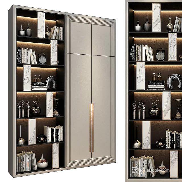 Elegant Modern Storage Cabinet with Shelves Books Decorative Items and LED Lighting 3d model 