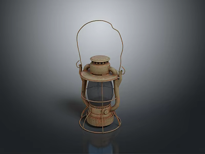 Antique Vintage Lantern With Metal Frame Glass Shade And Handle Structure 3d model