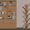 Large Wooden Bookcase And Corner Bookshelf With Books Decorations And Plants
