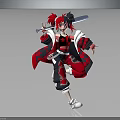 Anime Style Character With Red Black Hair Holding Sword In Dynamic Red Black Checkered Outfit Pose