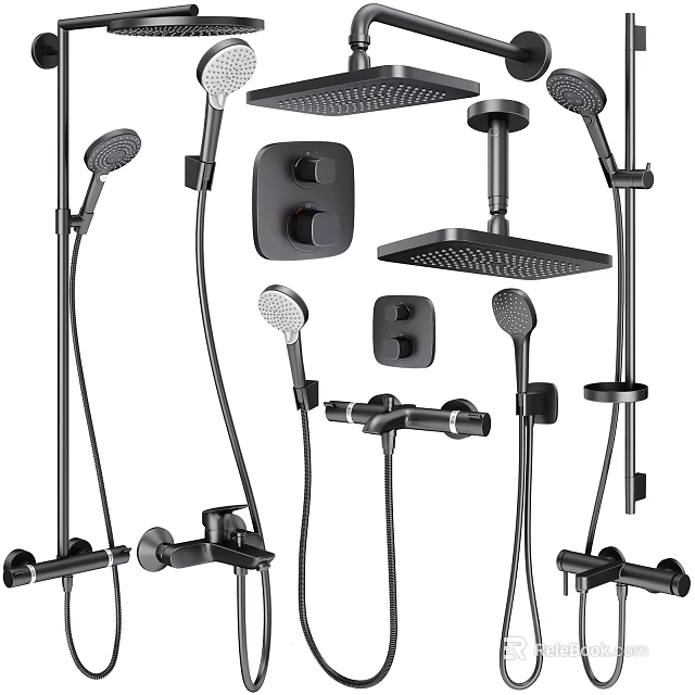 Modern Black Shower System With Rainfall Head Handheld Sprayer And Control Valves 3d model