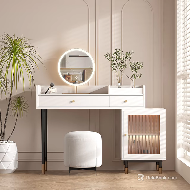 Modern White Dressing Table With Round Mirror Drawers And Potted Plants 3d model