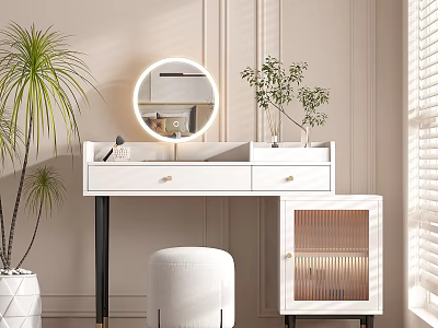 Modern White Dressing Table With Round Mirror Drawers And Potted Plants 3d model