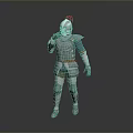 Man In Medieval Full Body Armor With Red Helmet Standing Against Gray Background