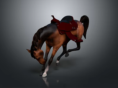 Brown Horse Wearing Red Saddle Bowing Head With Bent Front Legs On Gray Background 3d model