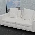 White Double Sofa With Soft Cushions Against Leaf Pattern Wallpaper And Window View 3d model