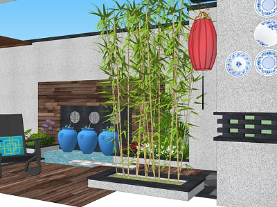 Stylish Garden Ornaments Featuring Bamboo Red Lantern Blue Ceramic Vases and Wooden Deck 3d model