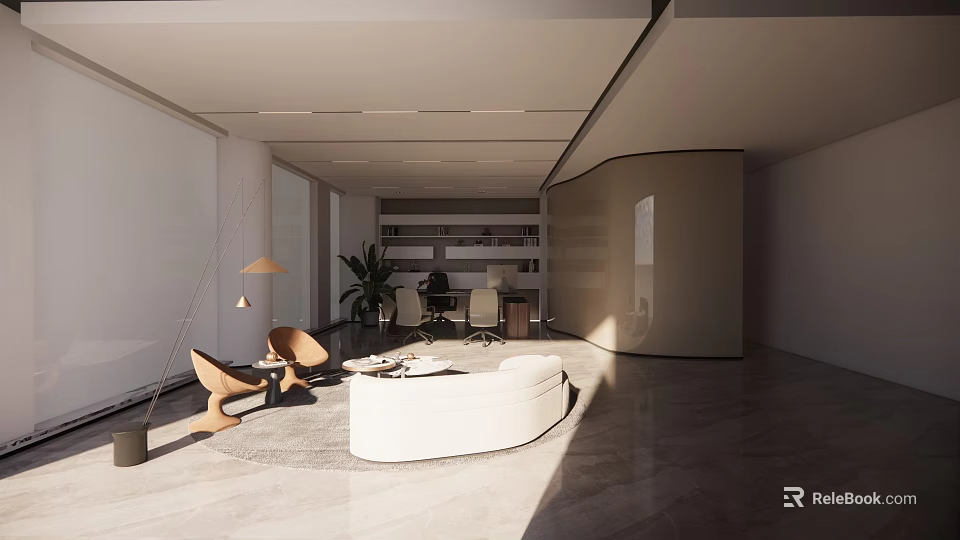 Modern Office Interior With Open Layout Sofa Chairs Bookshelves Plants And Natural Light 3d model 