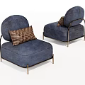 Dark Blue Fabric Single Sofa with Metal Legs and Checkerboard Pattern Cushion 3d model